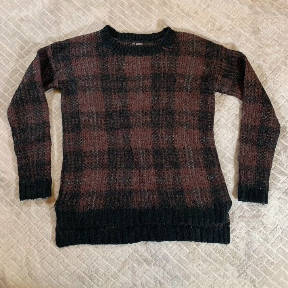 Love & Liberty Womens Small Sweater Plaid Red Black Crew Neck Acrylic